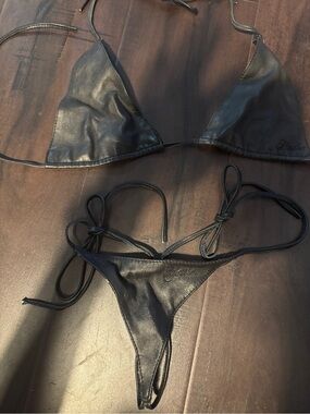 Vintage Y2K authentic Hustler real leather String Bikini Set small biker rock